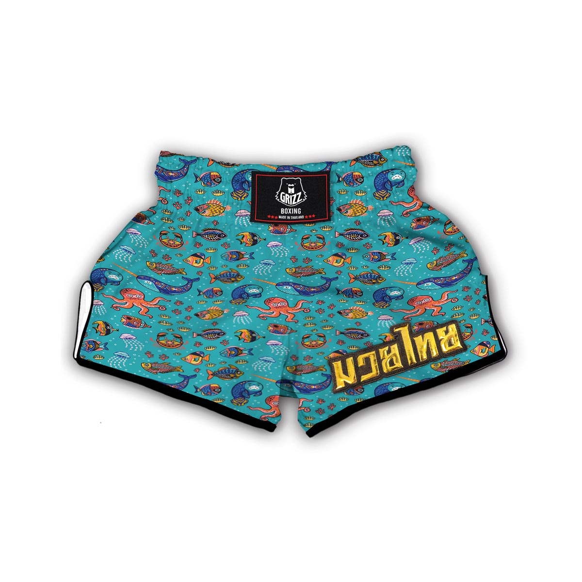 Manatee Whale Fish Octopus Pattern Print Muay Thai Boxing Shorts-grizzshop