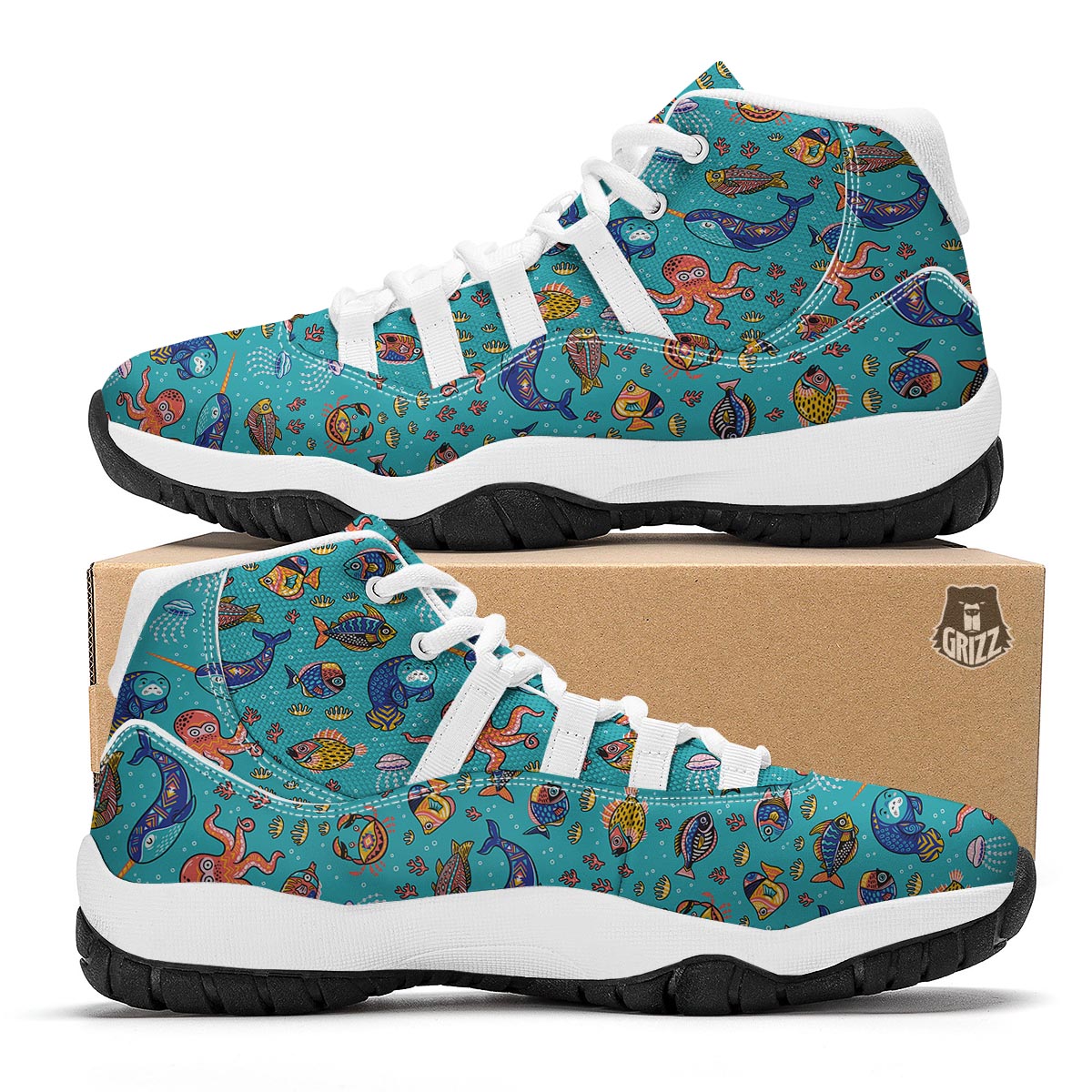 Manatee Whale Fish Octopus Pattern Print White Bball Shoes-grizzshop