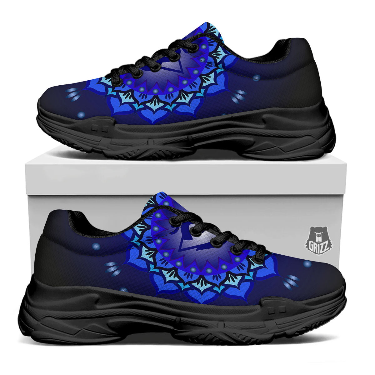 Mandala Ajna Chakra Print Black Chunky Shoes-grizzshop