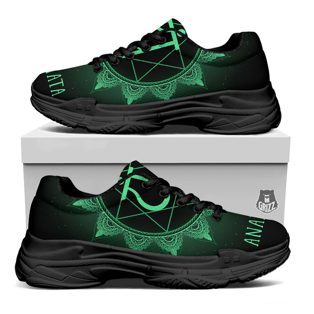 Mandala Anahata Chakra Print Black Chunky Shoes-grizzshop