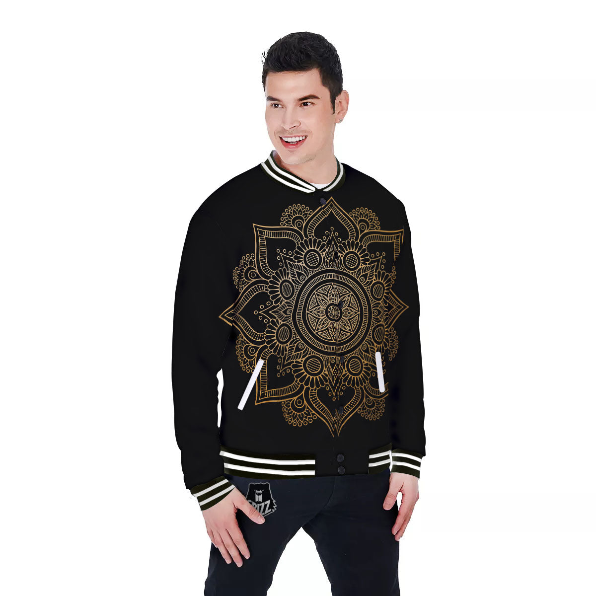 Mandala Black And Gold Print Baseball Jacket-grizzshop