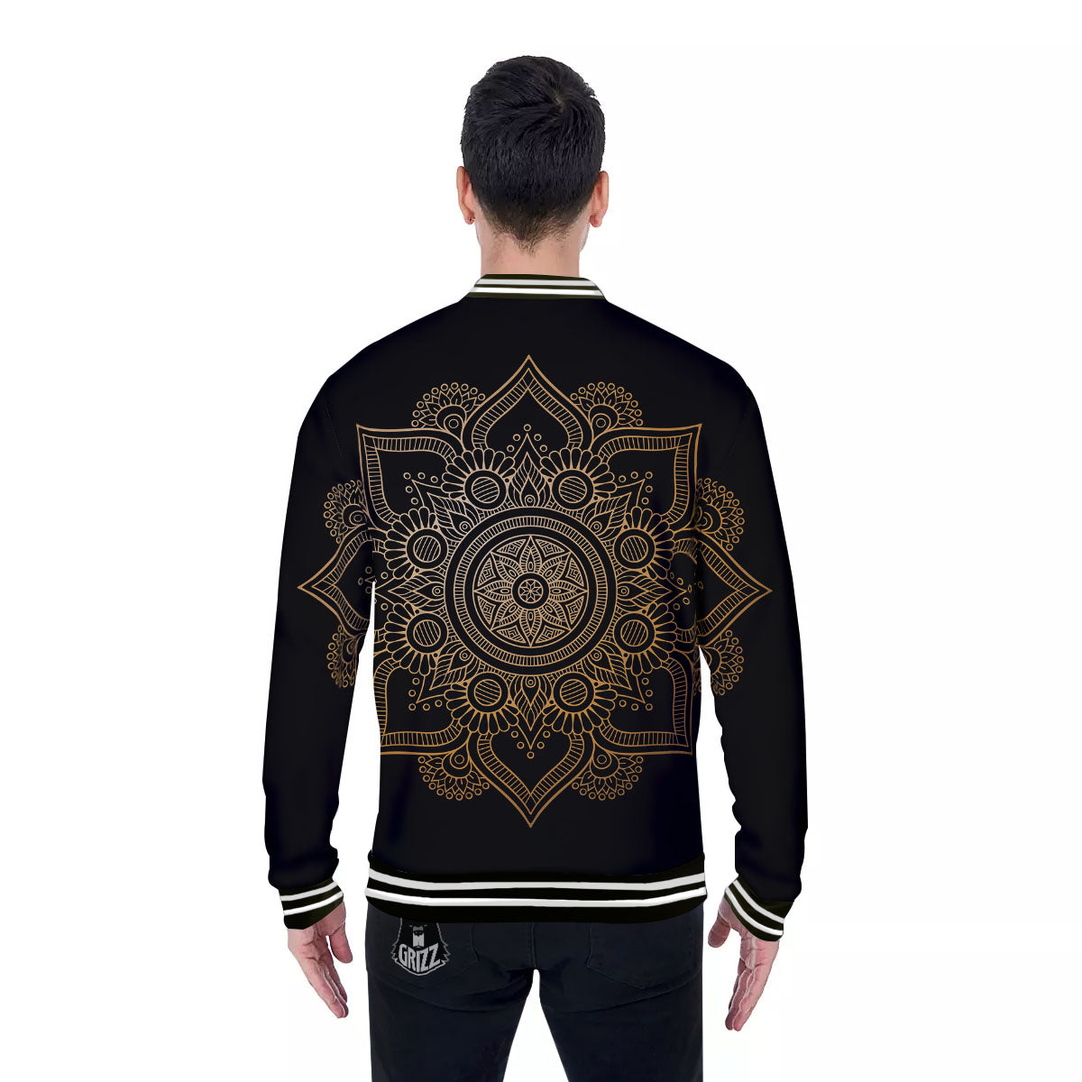 Mandala Black And Gold Print Baseball Jacket-grizzshop