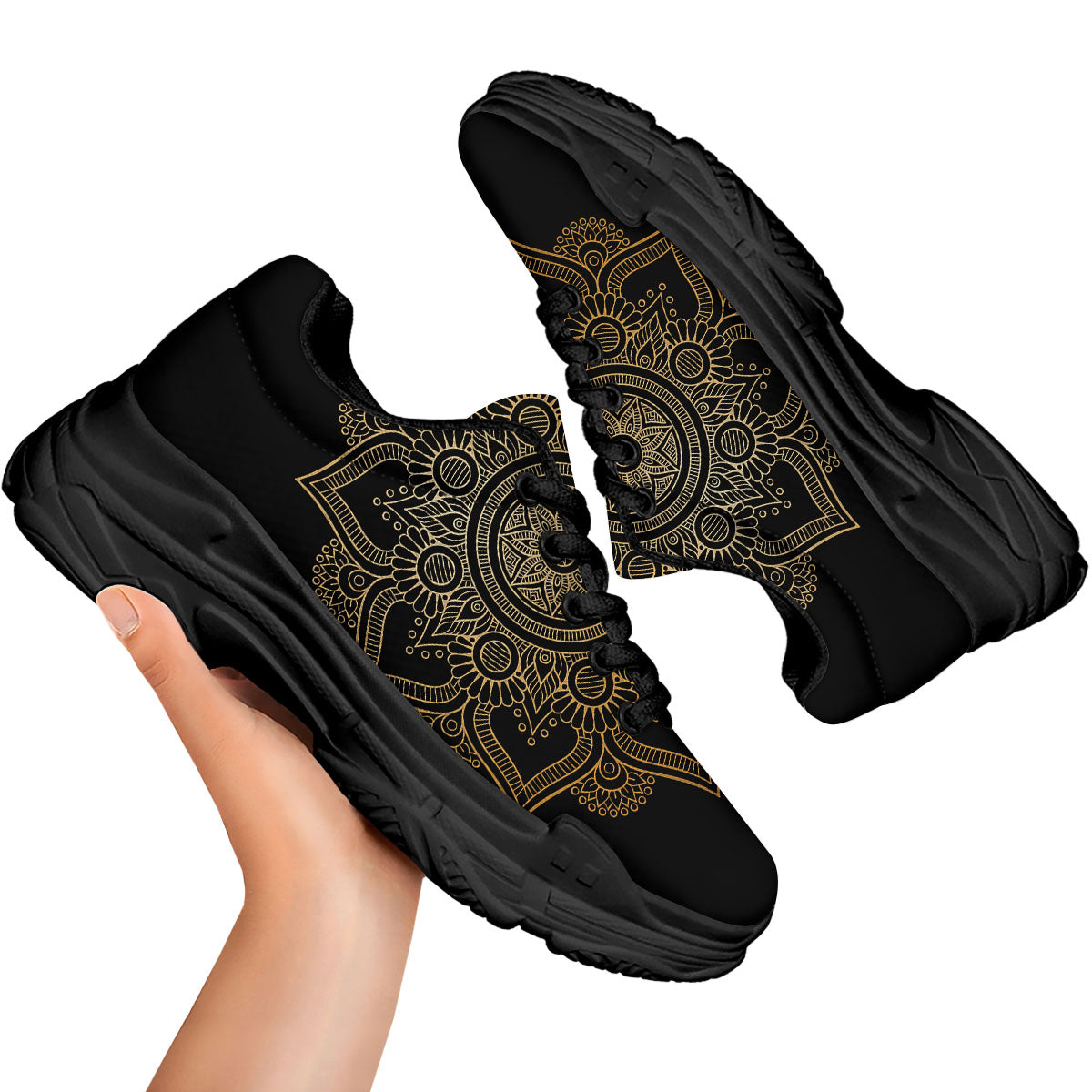Mandala Black And Gold Print Black Chunky Shoes-grizzshop