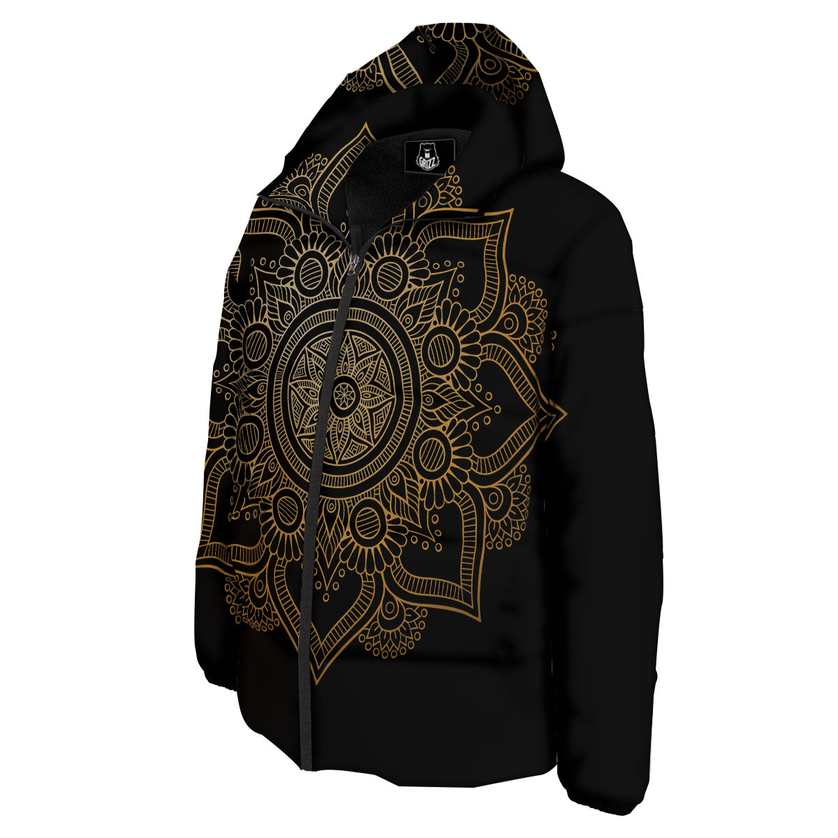 Mandala Black And Gold Print Down Jacket-grizzshop