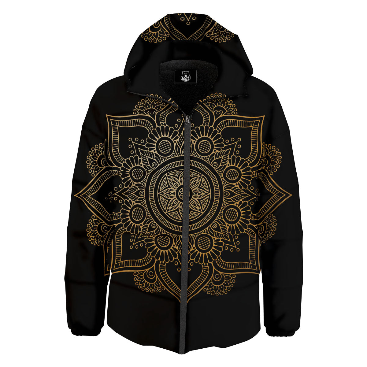 Mandala Black And Gold Print Down Jacket-grizzshop