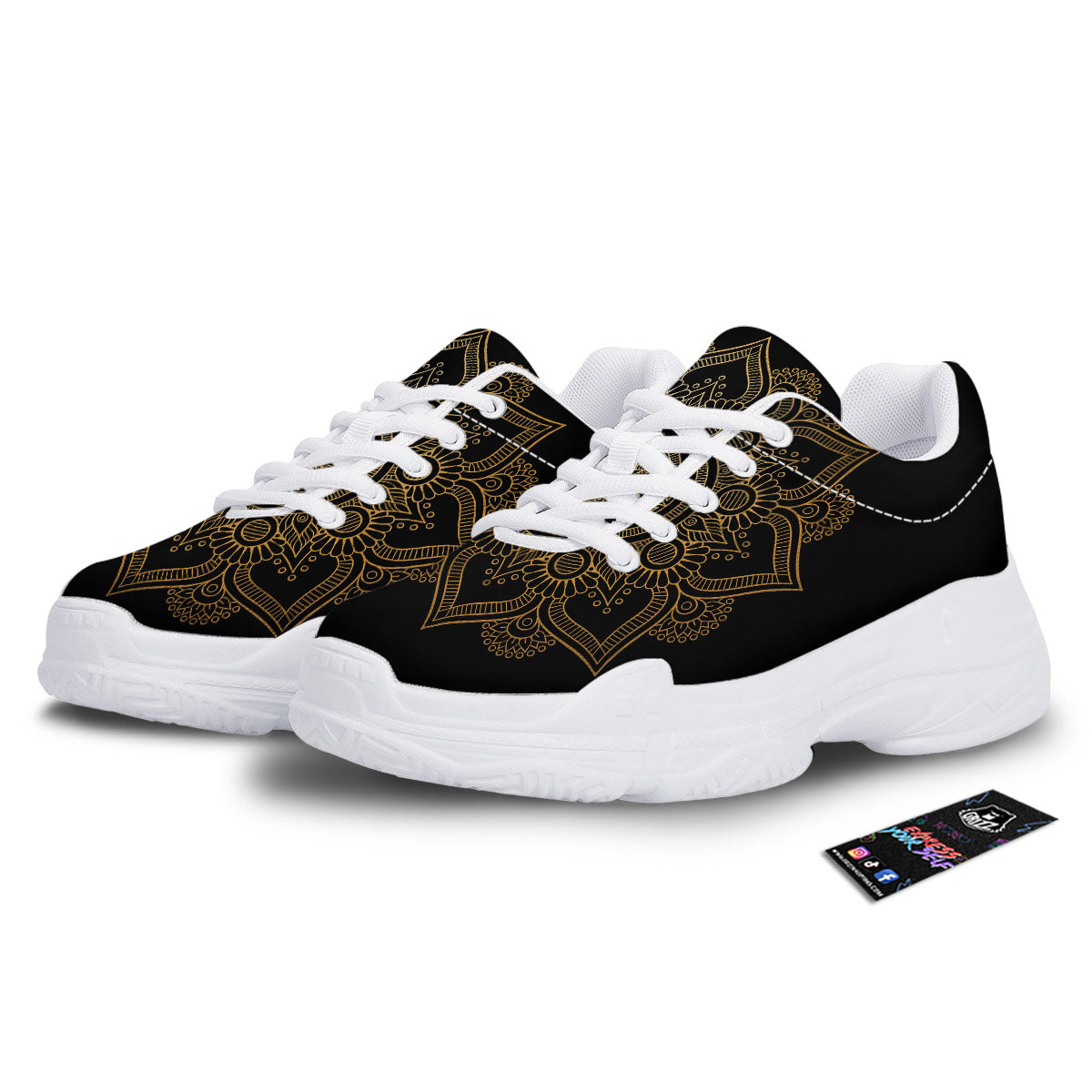 Mandala Black And Gold Print White Chunky Shoes-grizzshop