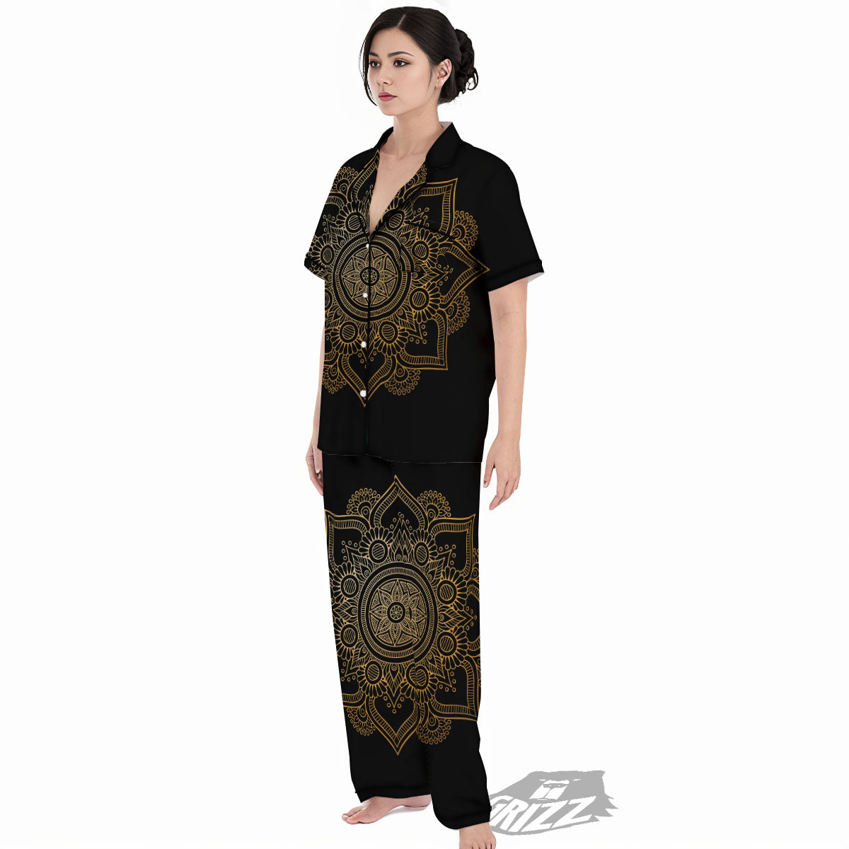 Mandala Black And Gold Print Women's Pajamas Set-grizzshop