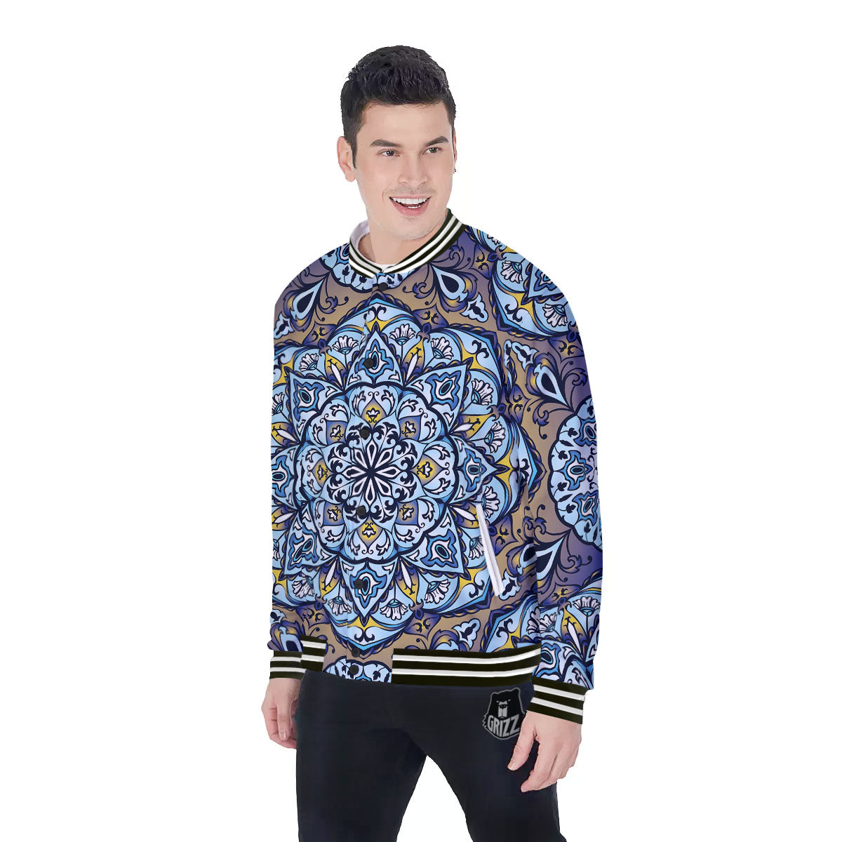 Mandala Blue And Purple Print Baseball Jacket-grizzshop