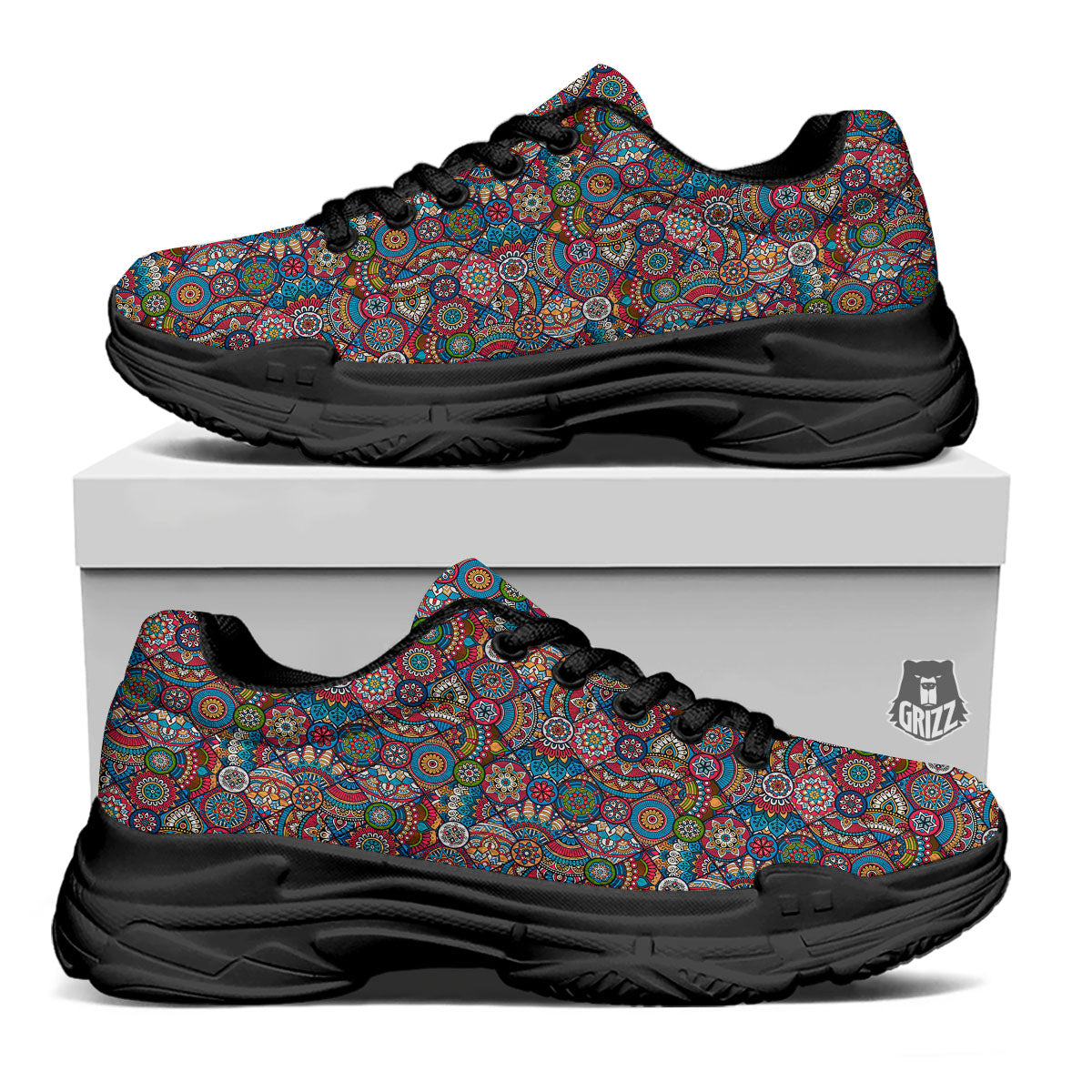 Mandala Bohemian Colorful Print Pattern Black Chunky Shoes-grizzshop