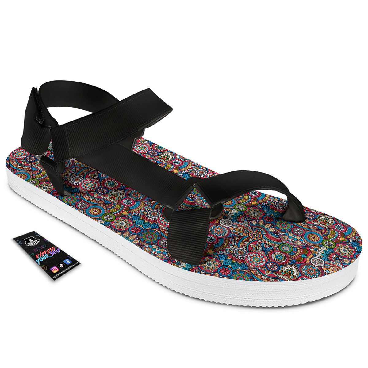 Mandala Bohemian Colorful Print Pattern Black Open Toe Sandals-grizzshop