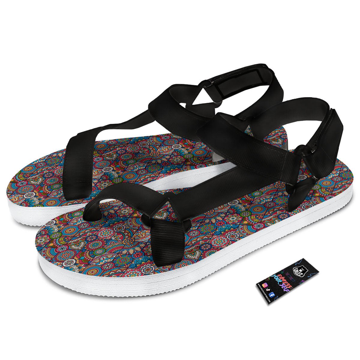 Mandala Bohemian Colorful Print Pattern Black Open Toe Sandals-grizzshop