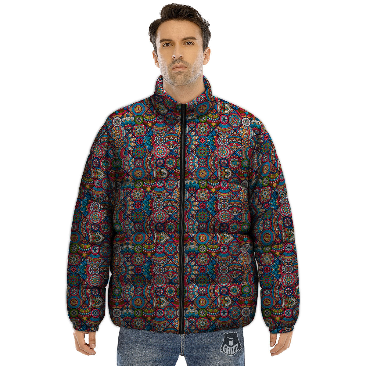 Mandala Bohemian Colorful Print Pattern Puffer Jacket-grizzshop