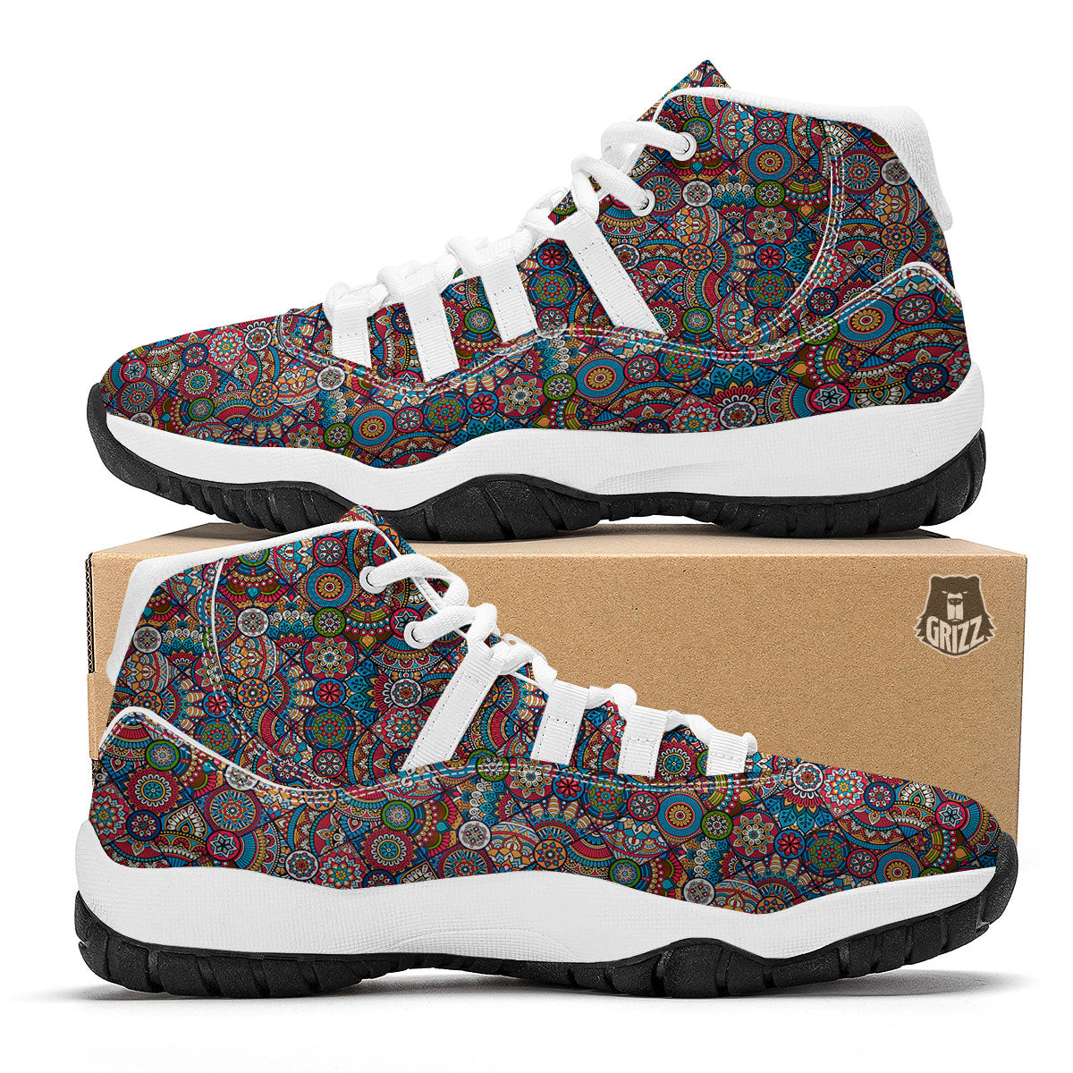 Mandala Bohemian Colorful Print Pattern White Bball Shoes-grizzshop