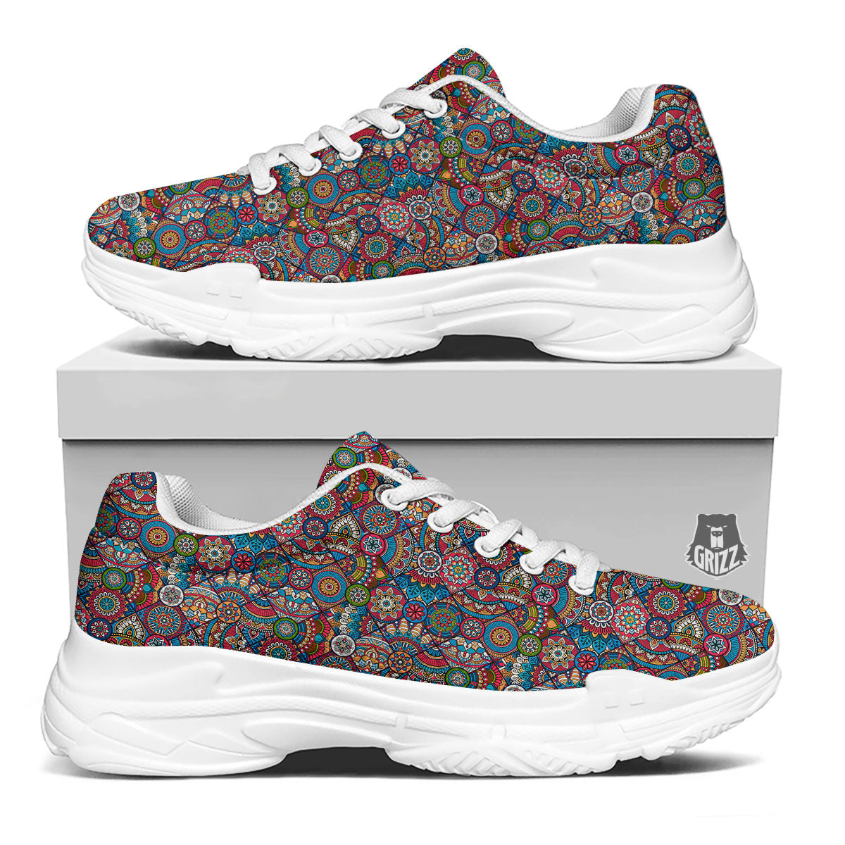 Mandala Bohemian Colorful Print Pattern White Chunky Shoes-grizzshop