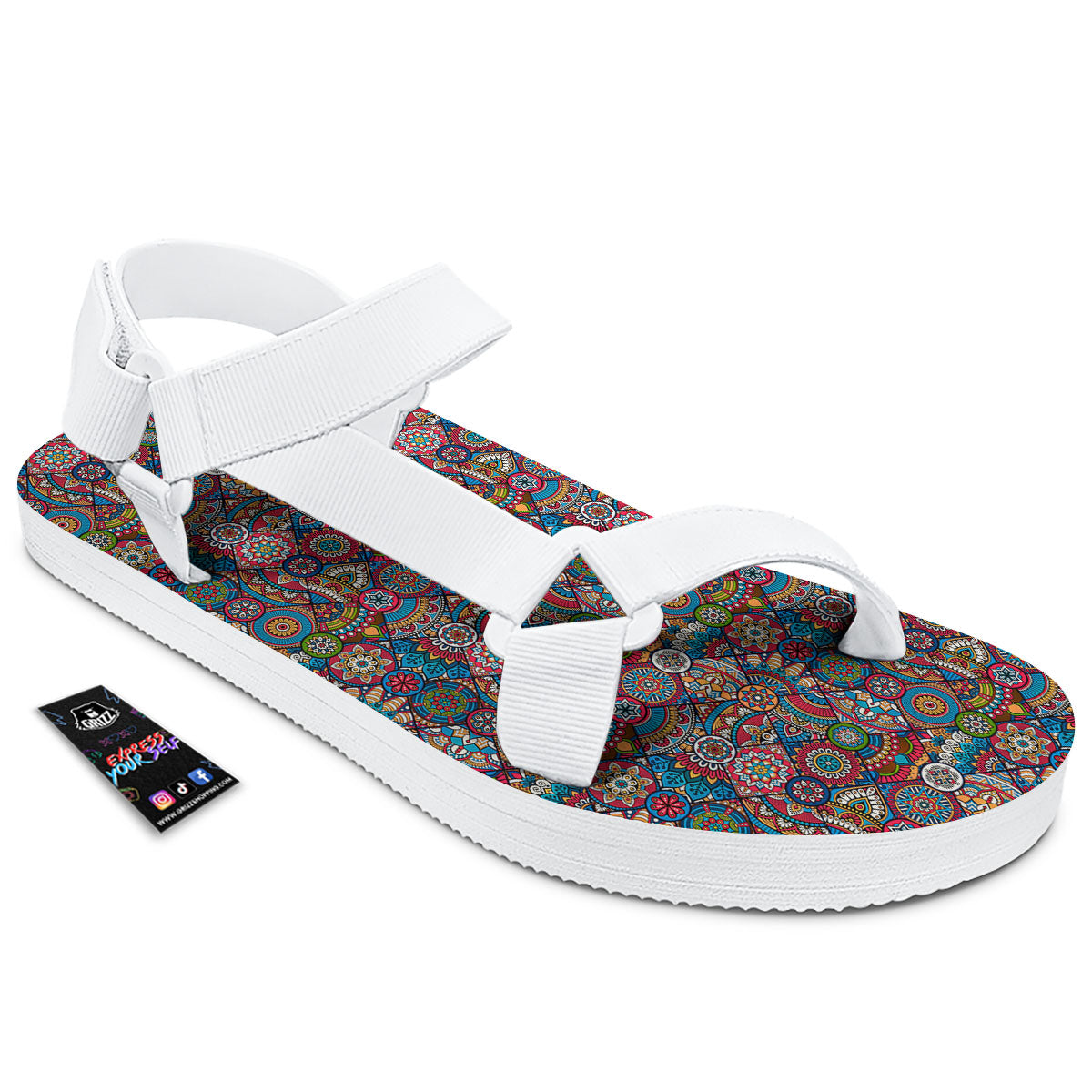 Mandala Bohemian Colorful Print Pattern White Open Toe Sandals-grizzshop
