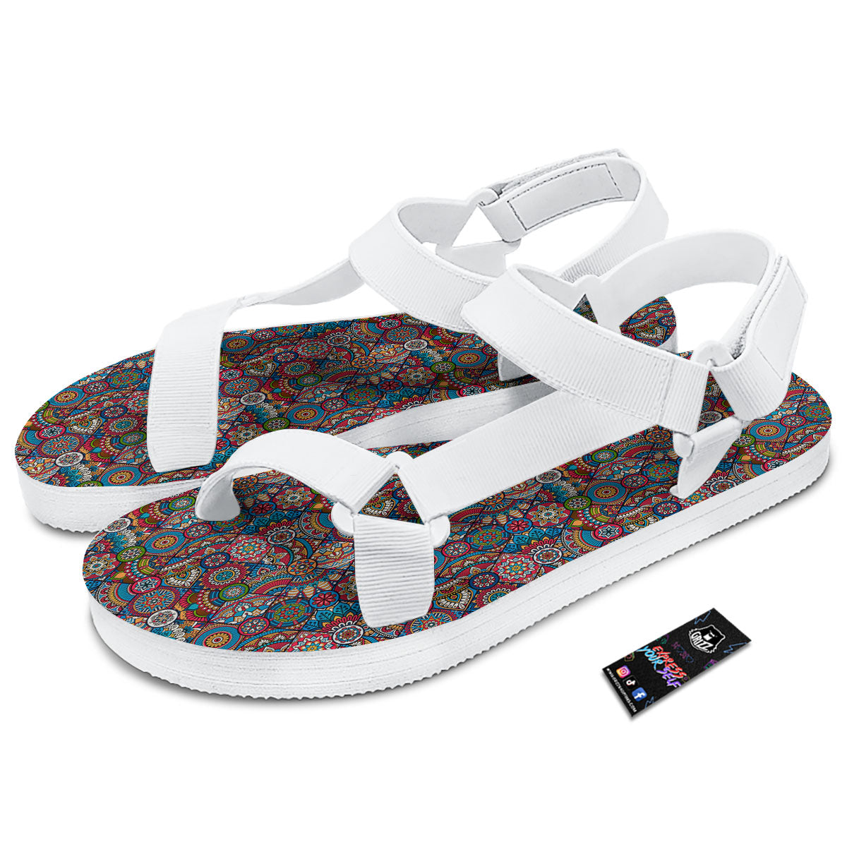 Mandala Bohemian Colorful Print Pattern White Open Toe Sandals-grizzshop