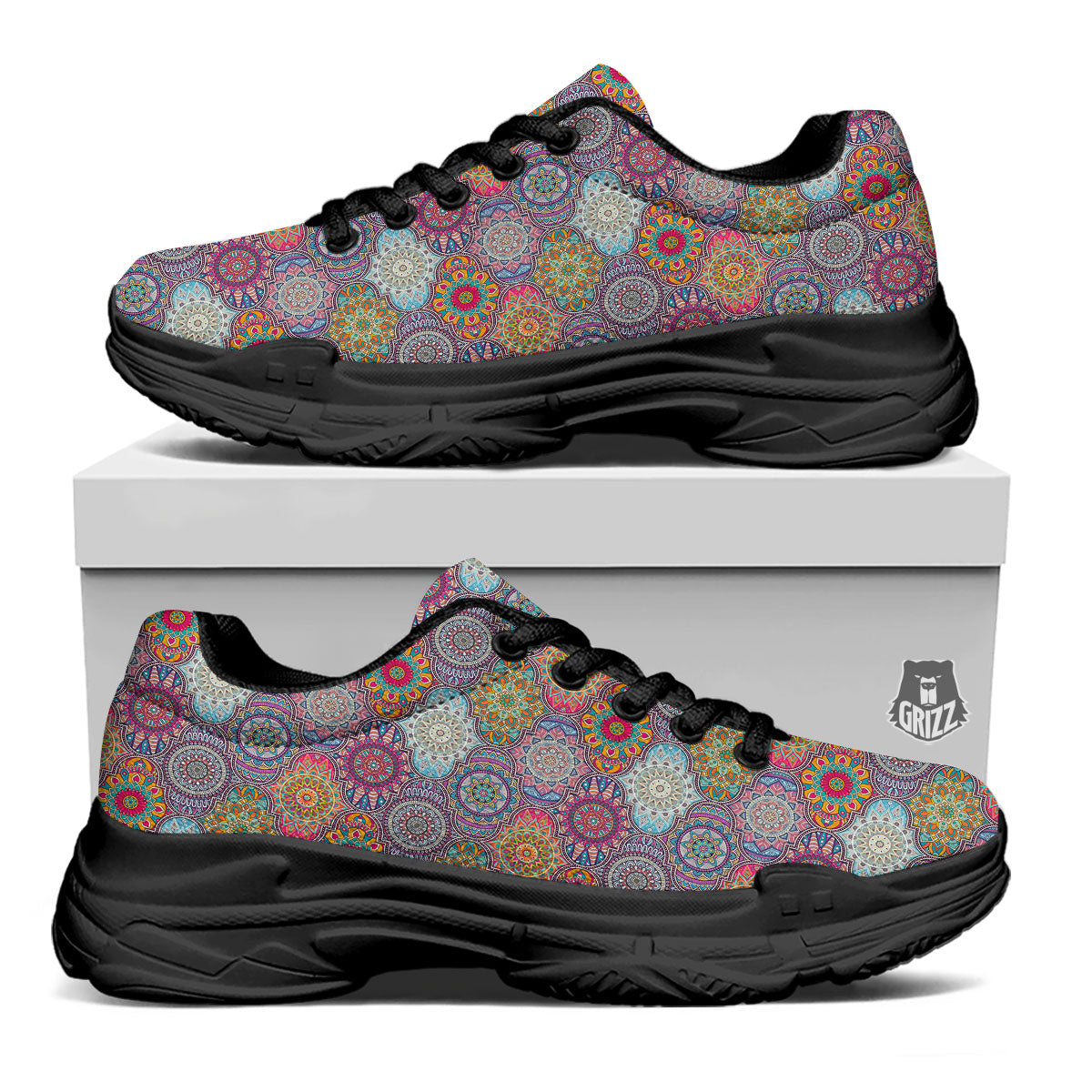 Mandala Bohemian Indian Print Pattern Black Chunky Shoes-grizzshop