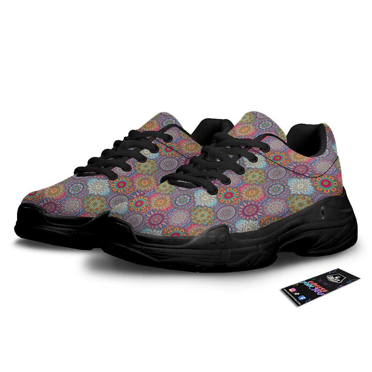 Mandala Bohemian Indian Print Pattern Black Chunky Shoes-grizzshop