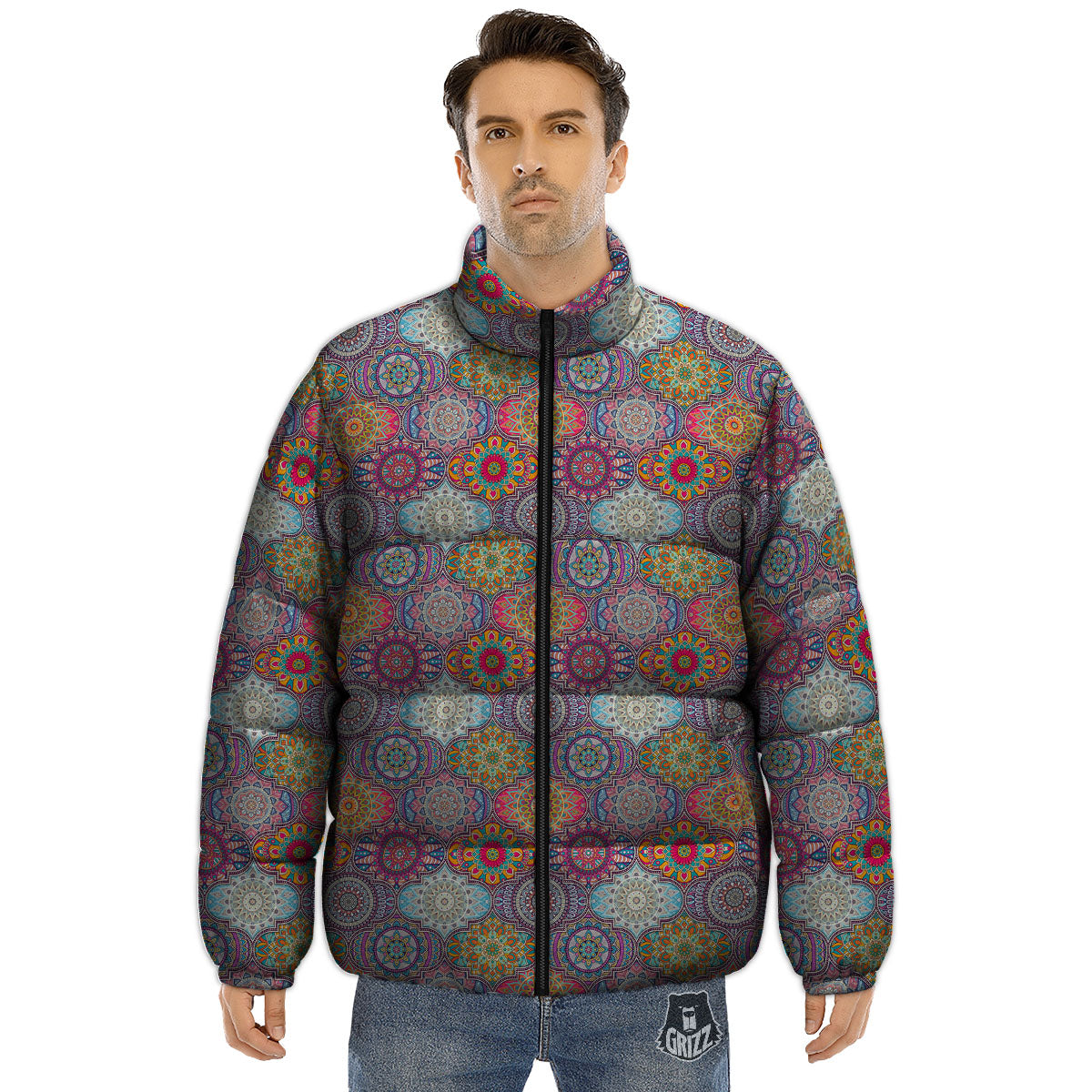 Mandala Bohemian Indian Print Pattern Puffer Jacket-grizzshop