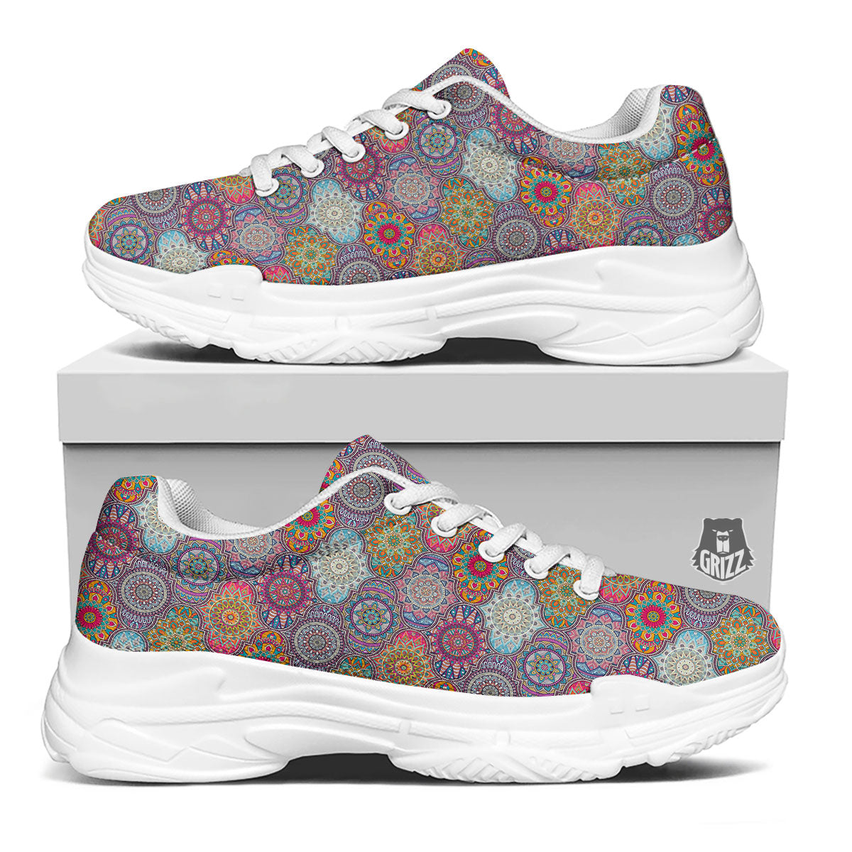Mandala Bohemian Indian Print Pattern White Chunky Shoes-grizzshop