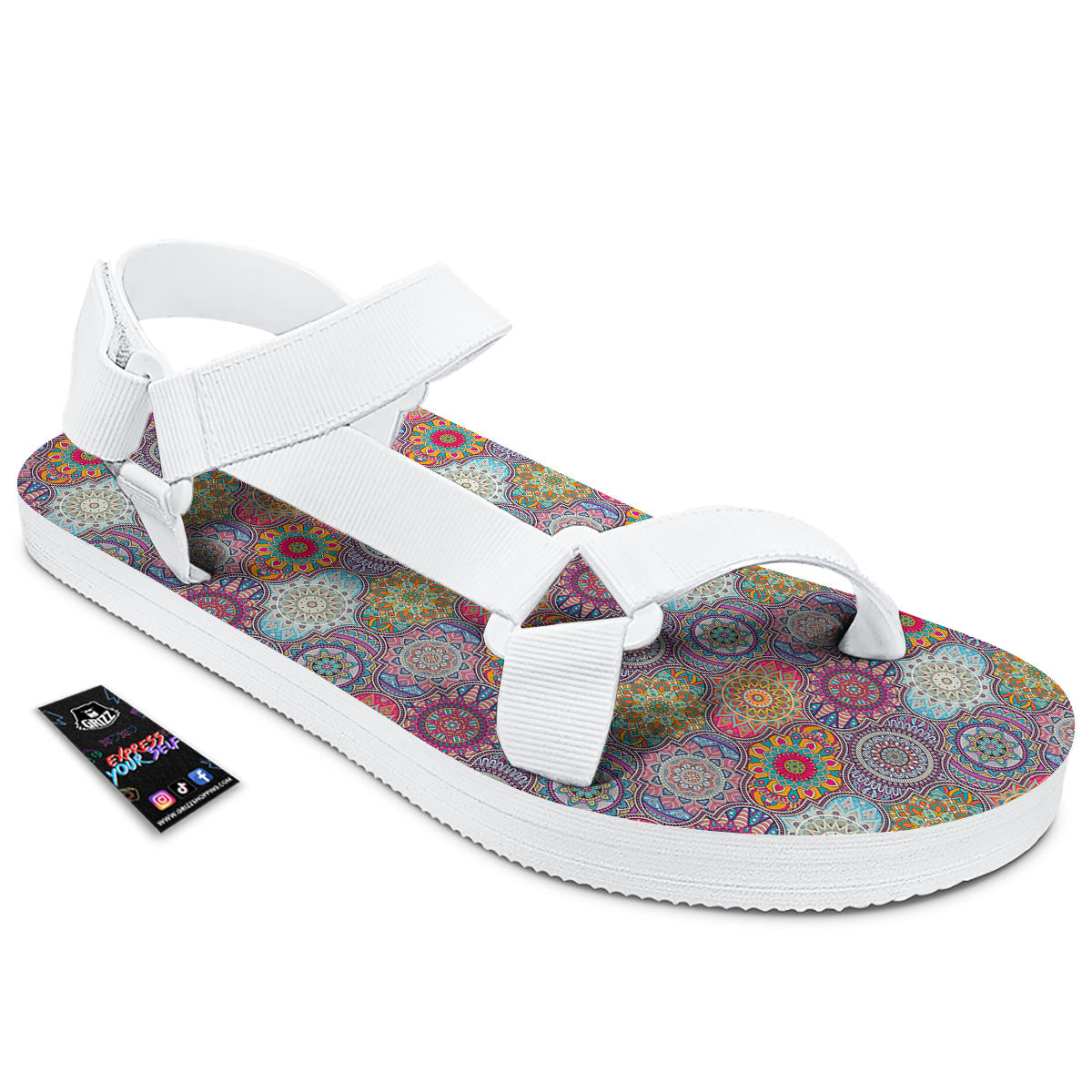 Mandala Bohemian Indian Print Pattern White Open Toe Sandals-grizzshop