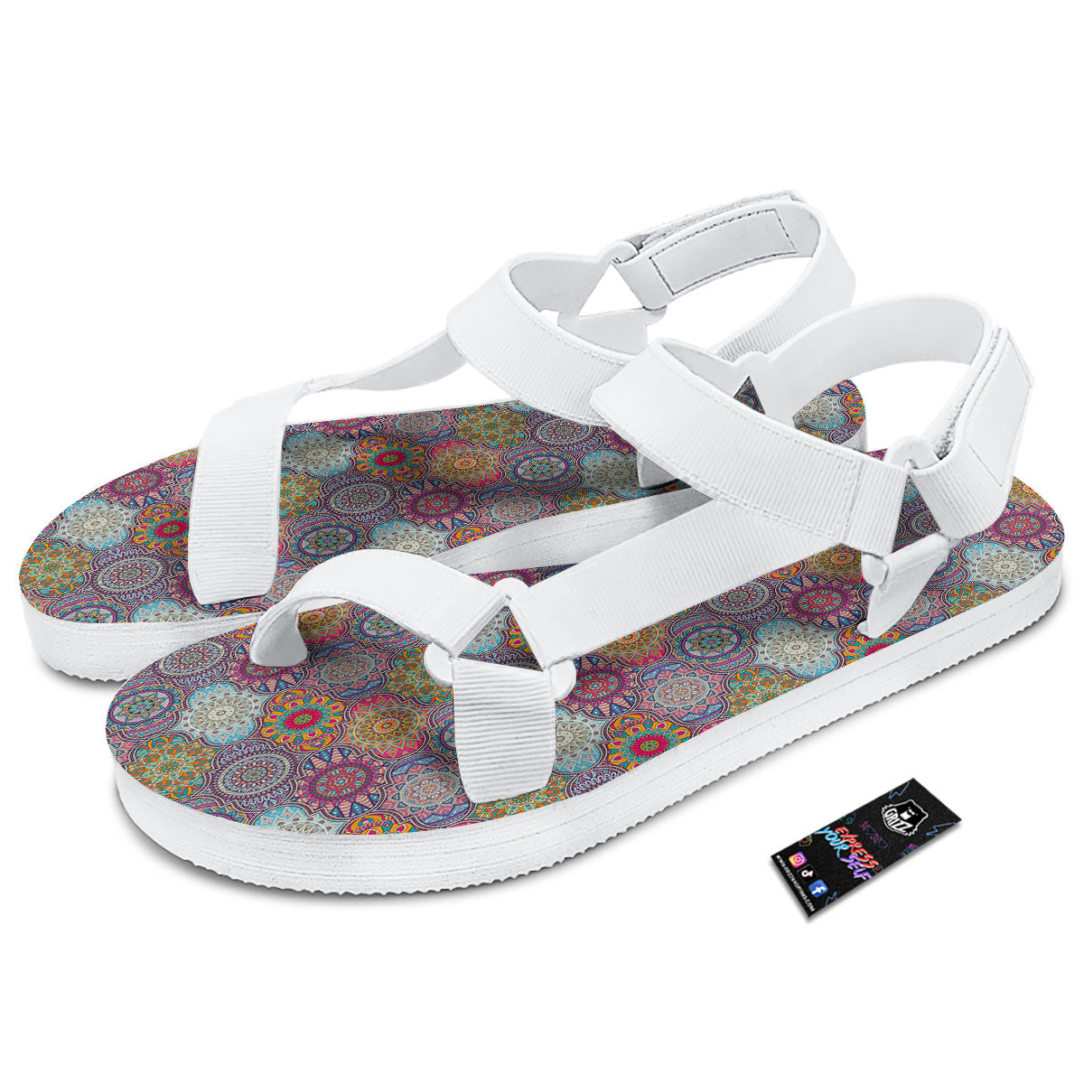 Mandala Bohemian Indian Print Pattern White Open Toe Sandals-grizzshop