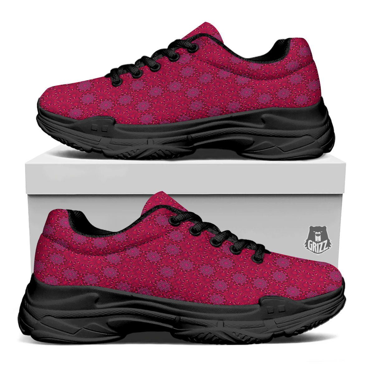 Mandala Bohemian Magenta Print Pattern Black Chunky Shoes-grizzshop