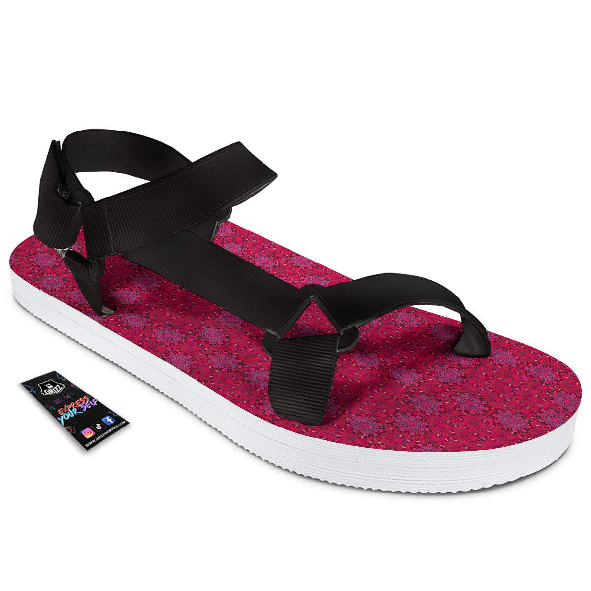 Mandala Bohemian Magenta Print Pattern Black Open Toe Sandals-grizzshop