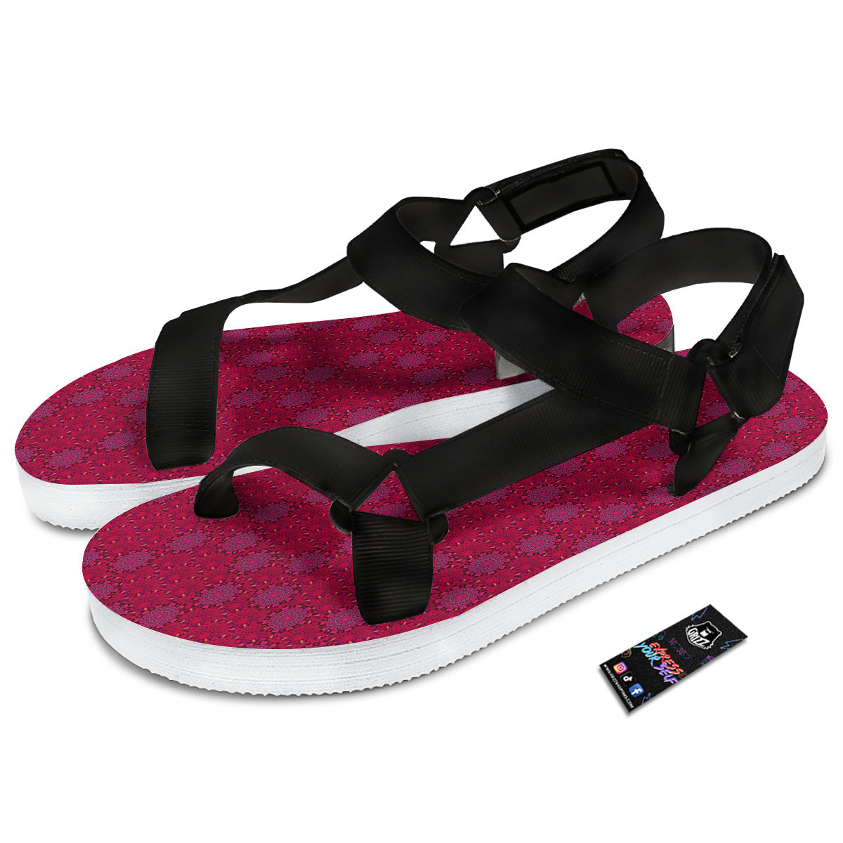 Mandala Bohemian Magenta Print Pattern Black Open Toe Sandals-grizzshop