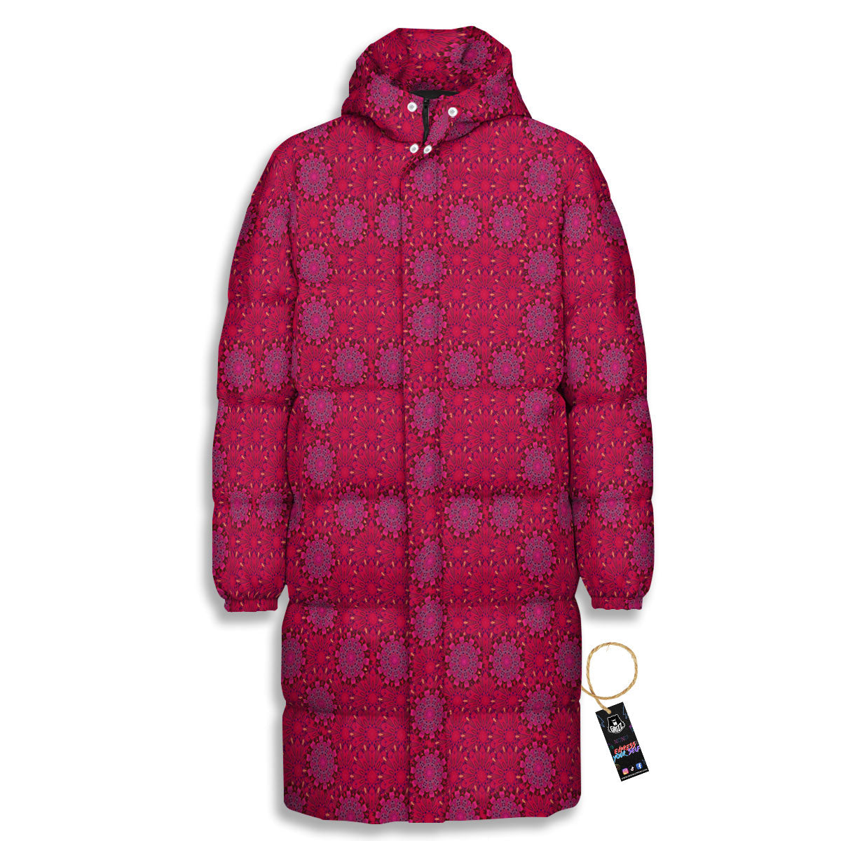 Mandala Bohemian Magenta Print Pattern Long Down Jacket-grizzshop