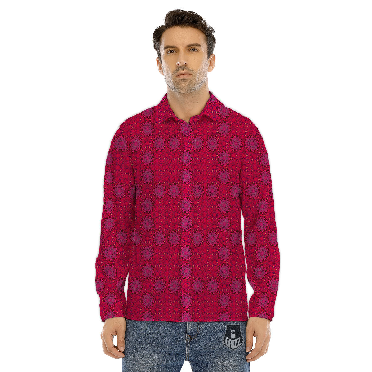 Mandala Bohemian Magenta Print Pattern Men's Dress Shirts-grizzshop