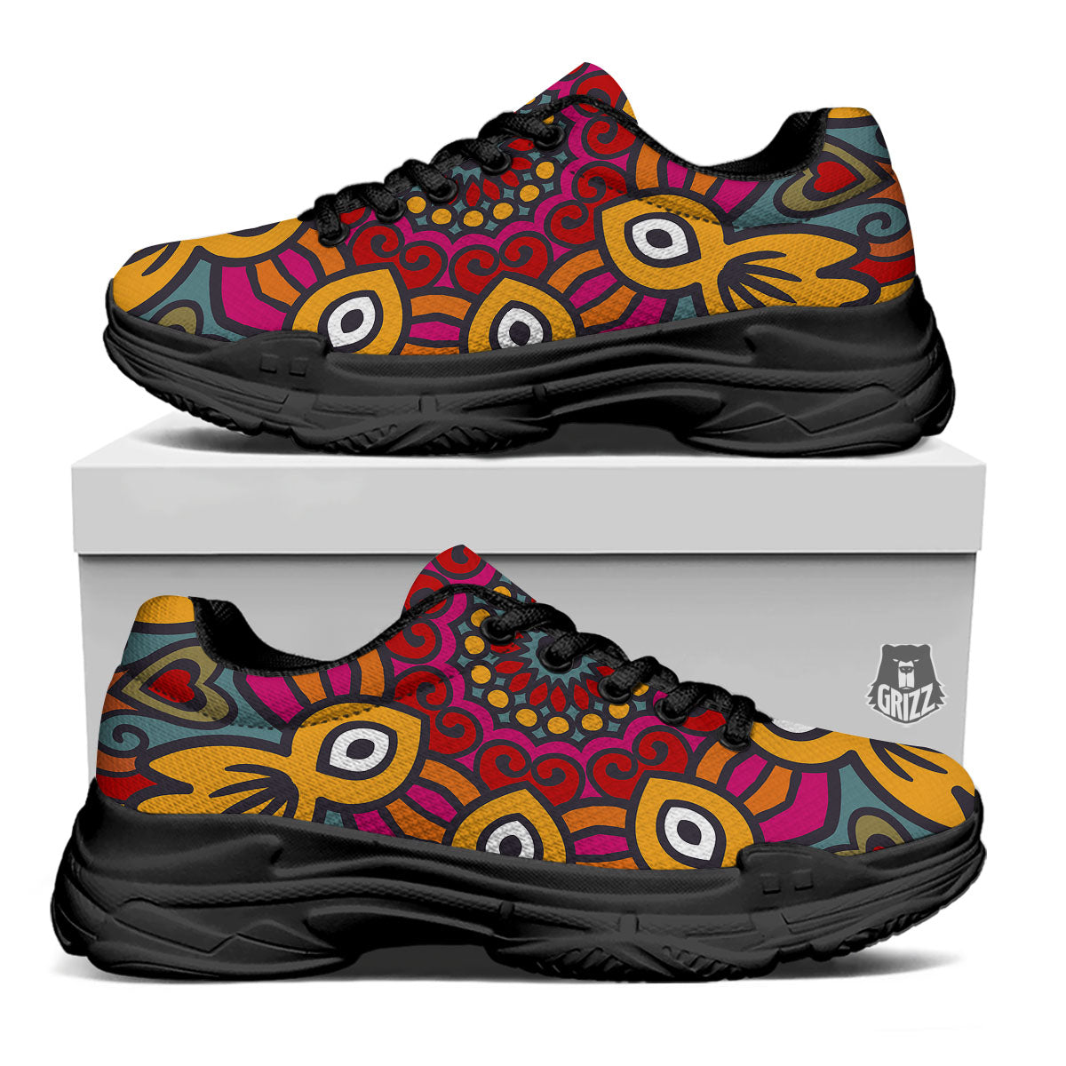 Mandala Bohemian Native Print Pattern Black Chunky Shoes-grizzshop