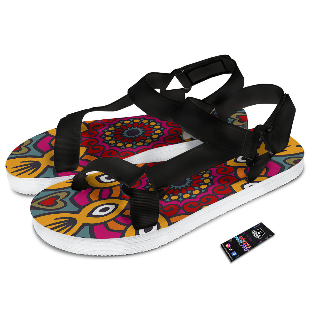Mandala Bohemian Native Print Pattern Black Open Toe Sandals-grizzshop