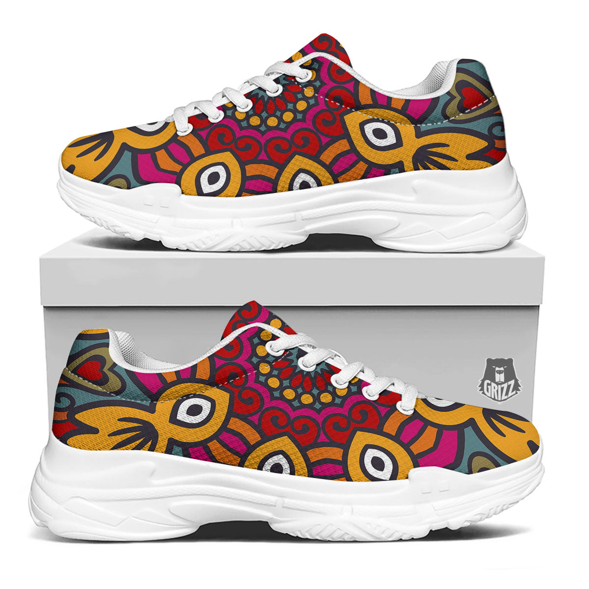 Mandala Bohemian Native Print Pattern White Chunky Shoes-grizzshop