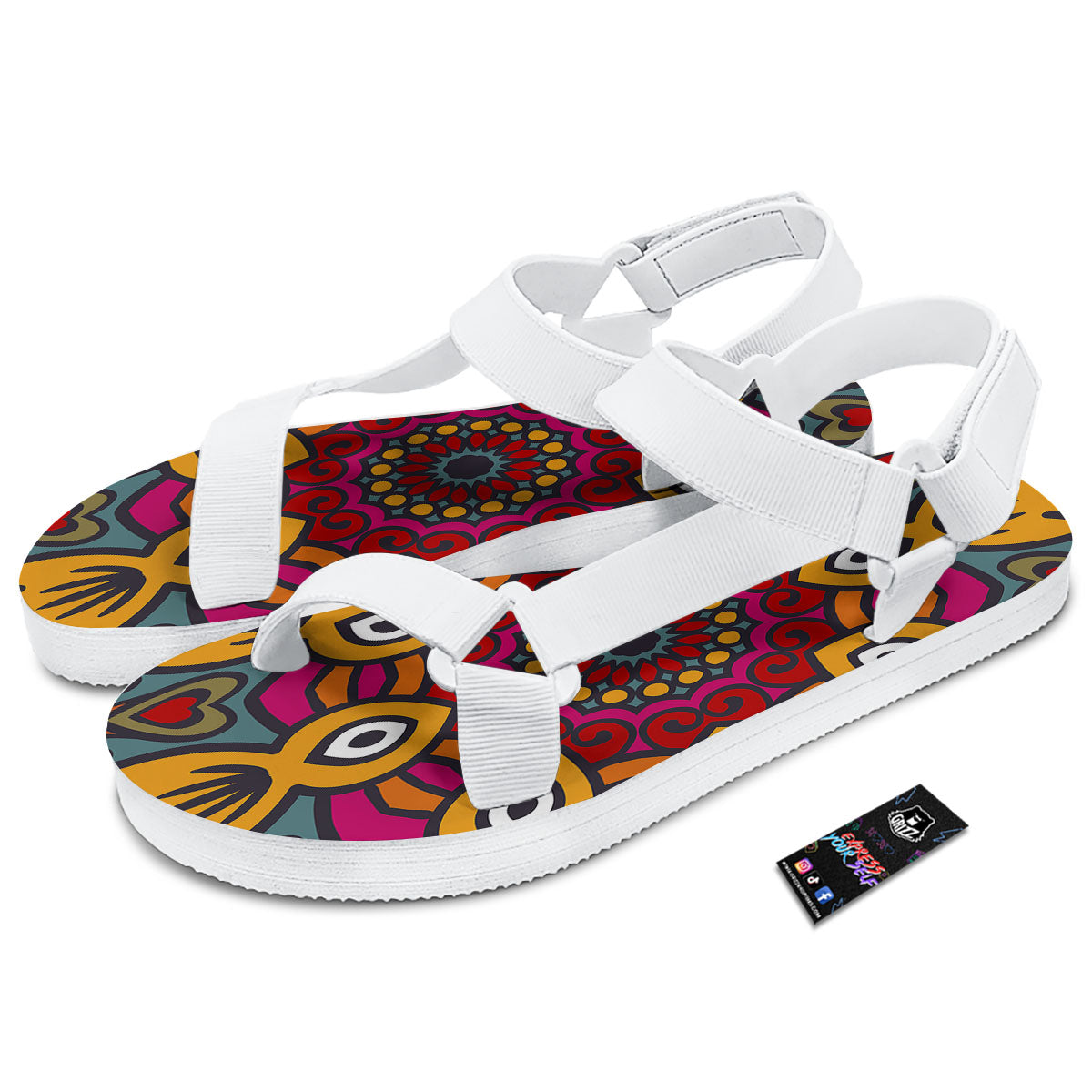 Mandala Bohemian Native Print Pattern White Open Toe Sandals-grizzshop