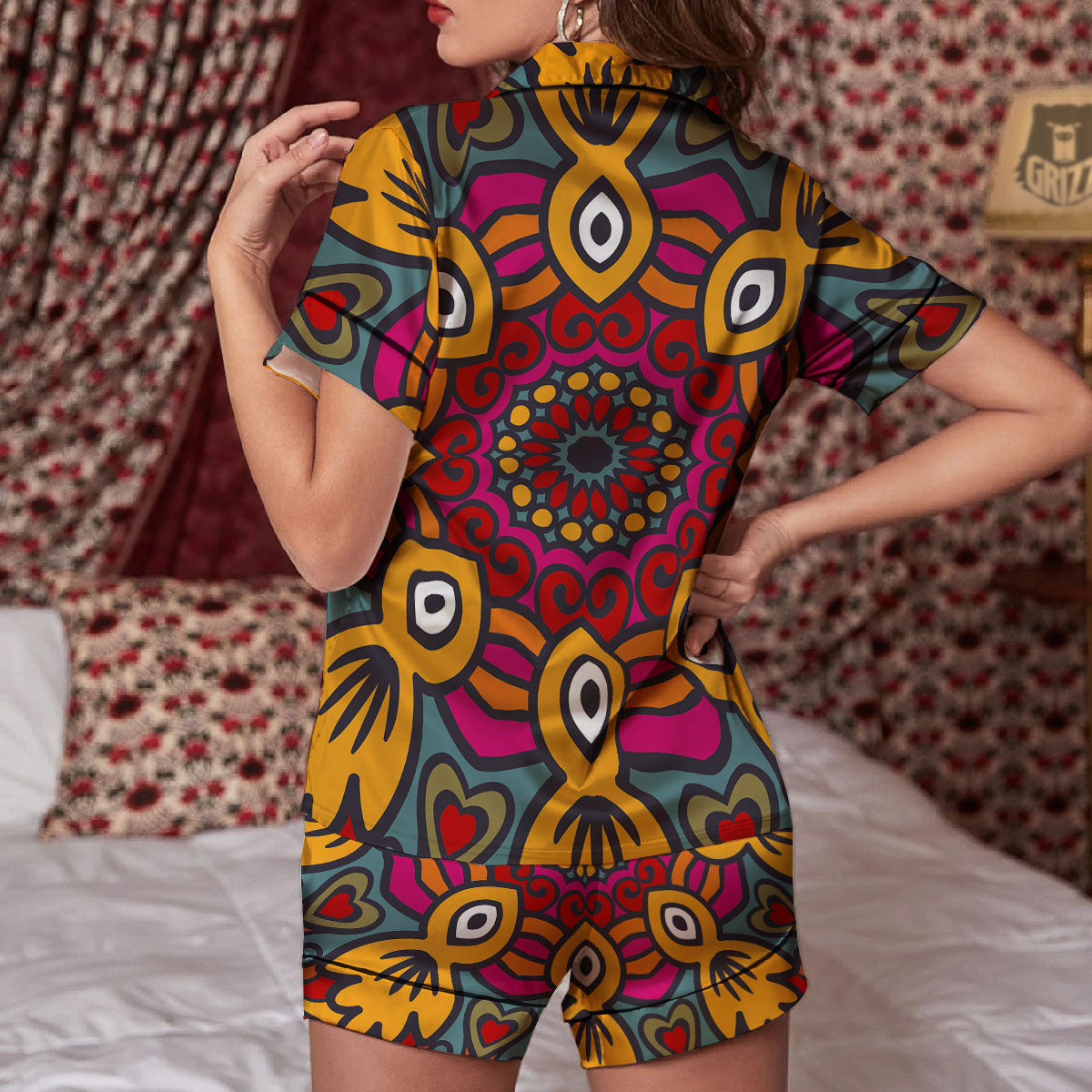 Mandala Bohemian Native Print Pattern Women Silk Pajamas-grizzshop