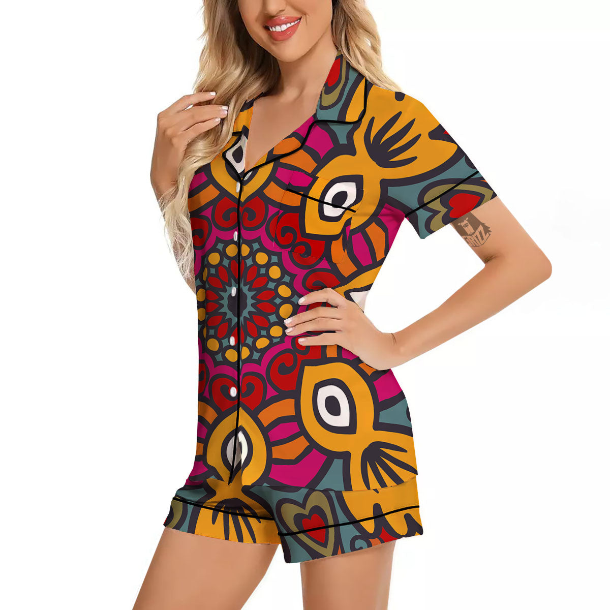 Mandala Bohemian Native Print Pattern Women Silk Pajamas-grizzshop