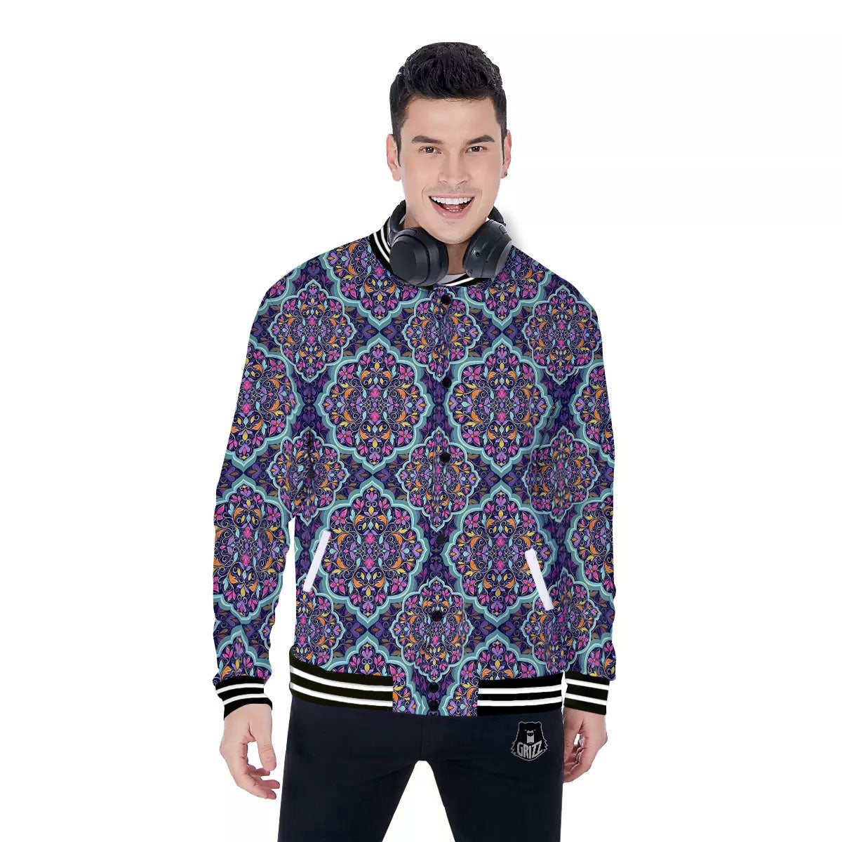 Mandala Bohemian Purple Print Pattern Baseball Jacket-grizzshop