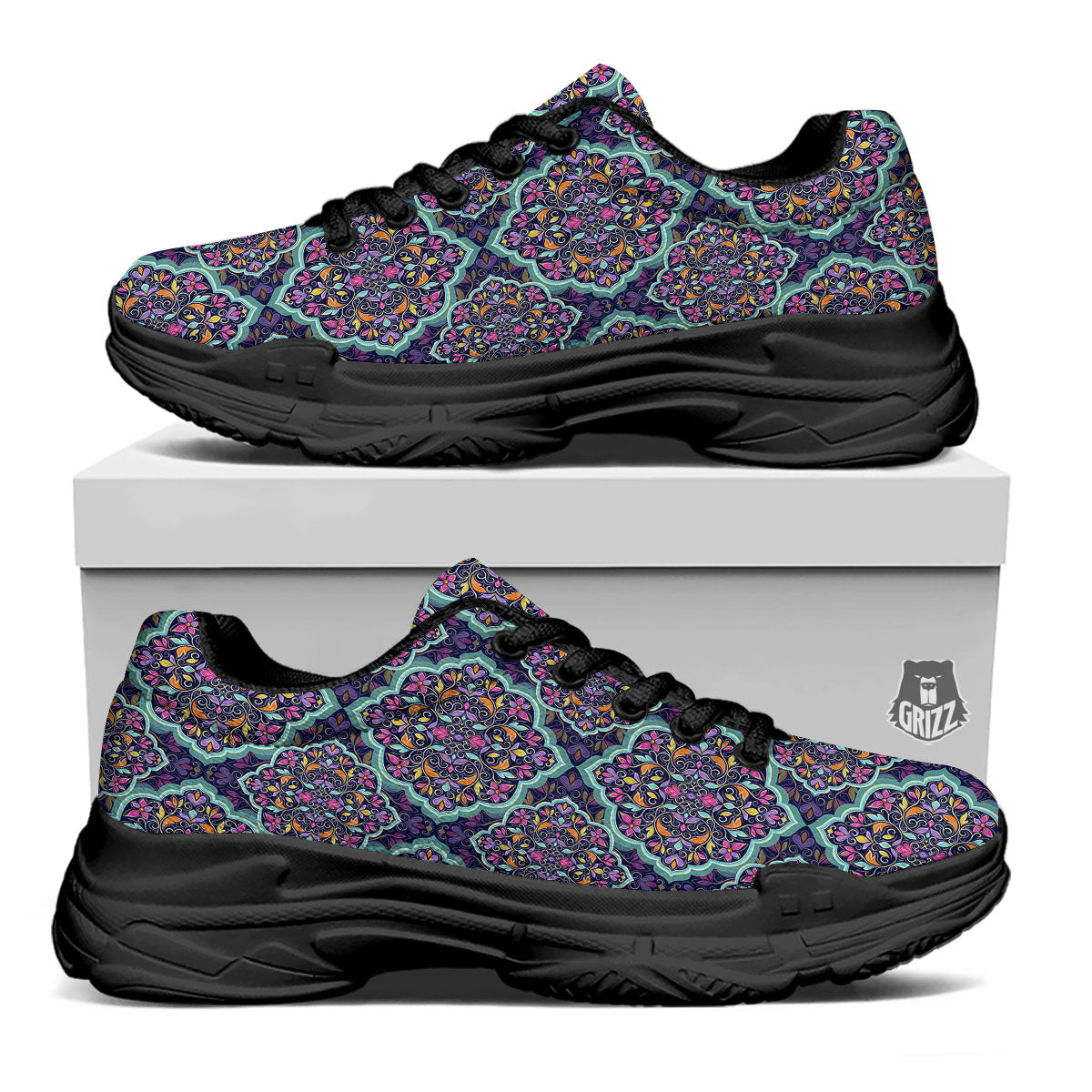 Mandala Bohemian Purple Print Pattern Black Chunky Shoes-grizzshop