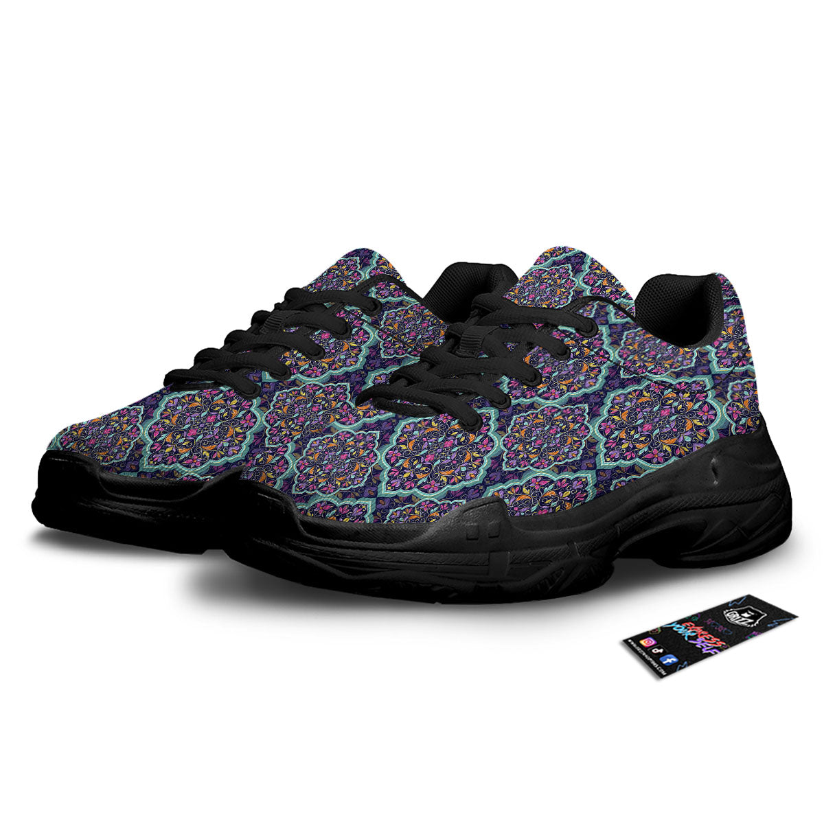 Mandala Bohemian Purple Print Pattern Black Chunky Shoes-grizzshop