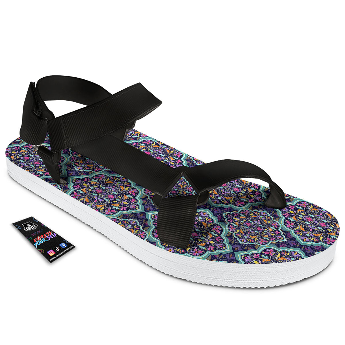 Mandala Bohemian Purple Print Pattern Black Open Toe Sandals-grizzshop
