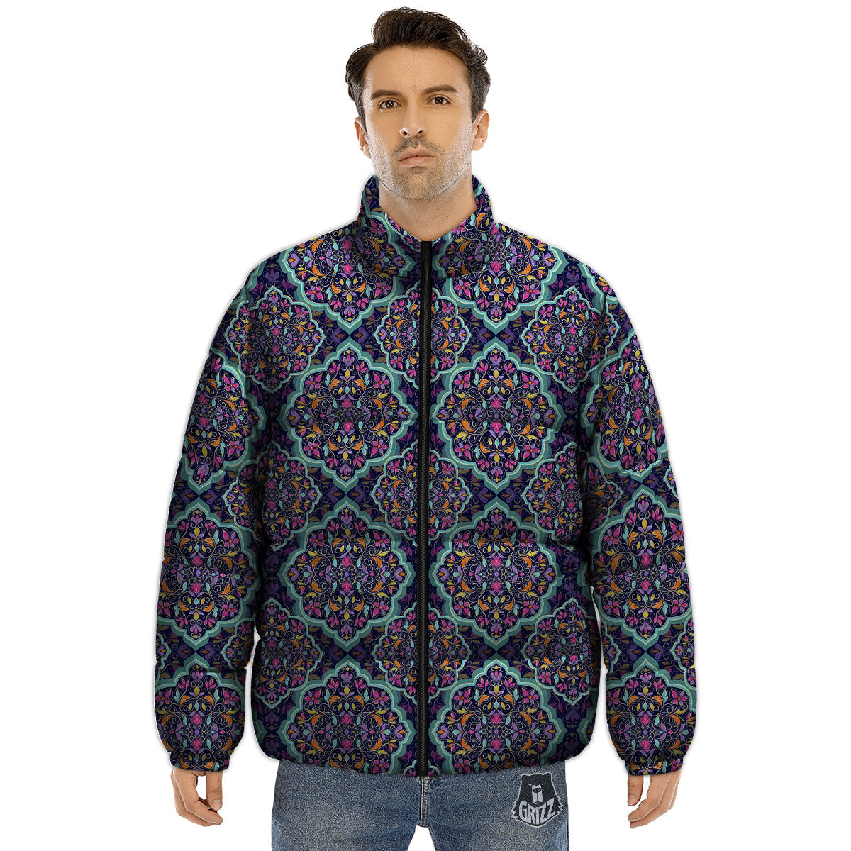 Mandala Bohemian Purple Print Pattern Puffer Jacket-grizzshop