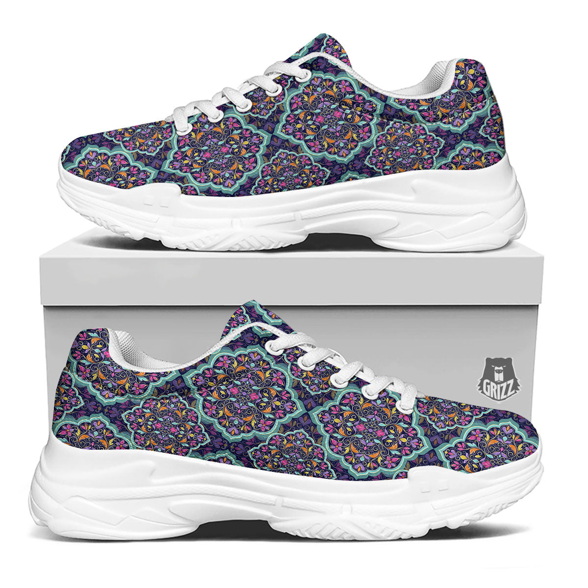 Mandala Bohemian Purple Print Pattern White Chunky Shoes-grizzshop
