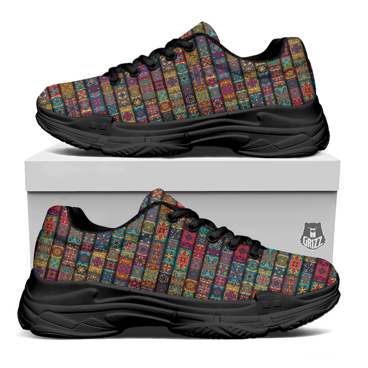 Mandala Bohemian Rectangle Print Pattern Black Chunky Shoes-grizzshop