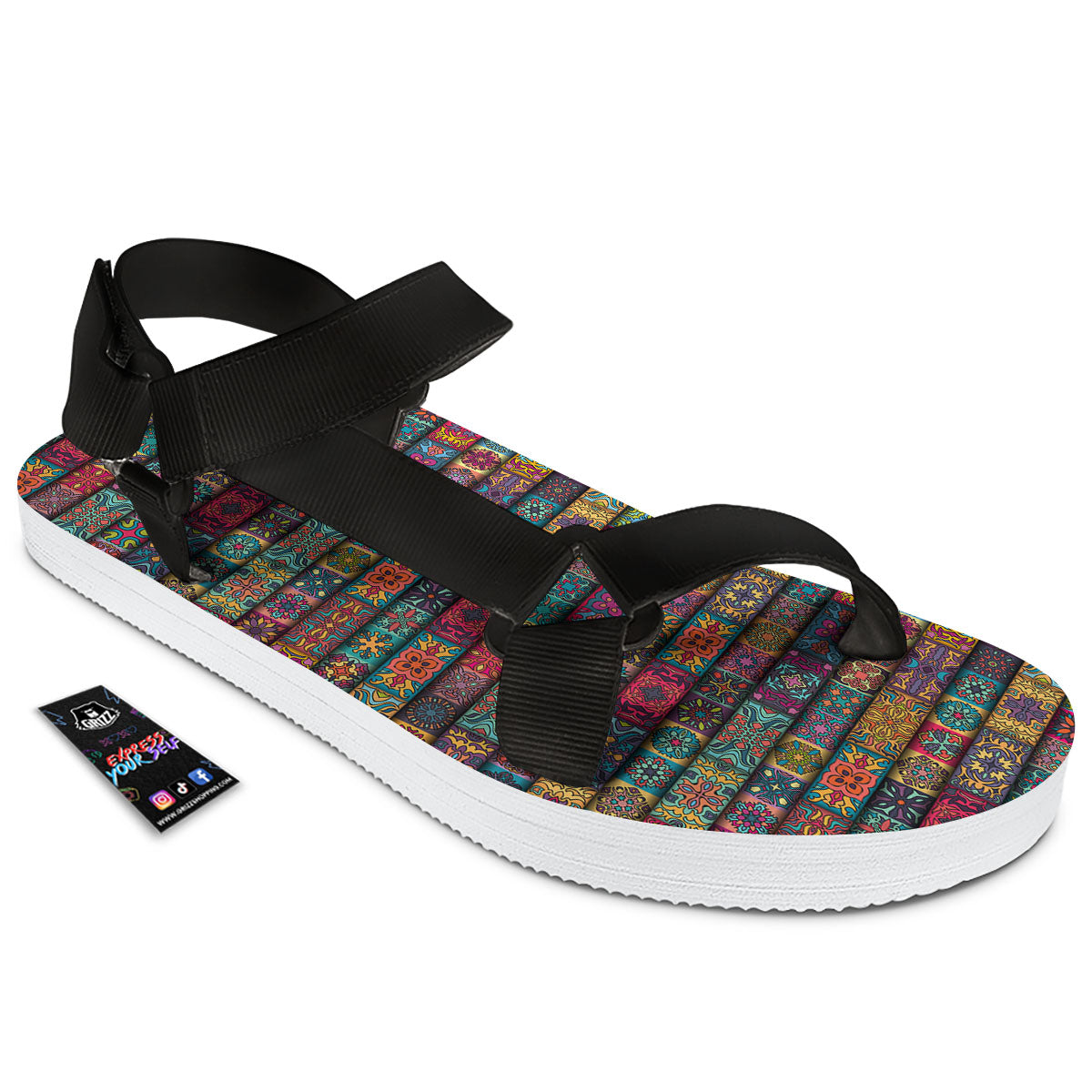 Mandala Bohemian Rectangle Print Pattern Black Open Toe Sandals-grizzshop