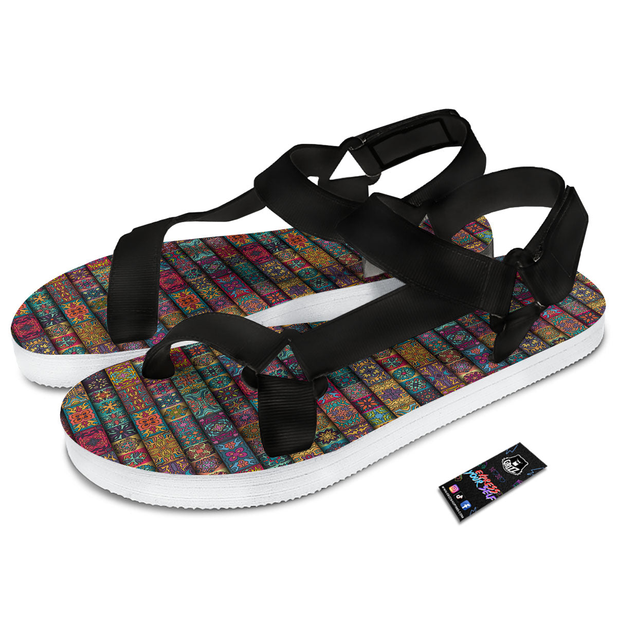 Mandala Bohemian Rectangle Print Pattern Black Open Toe Sandals-grizzshop