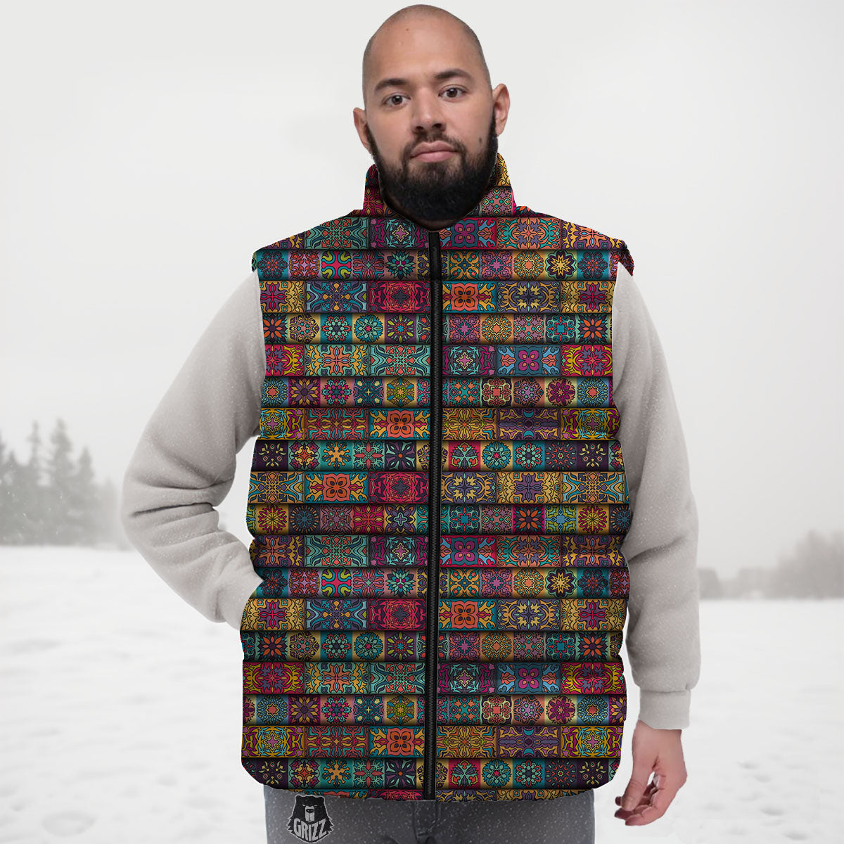 Mandala Bohemian Rectangle Print Pattern Down Vest