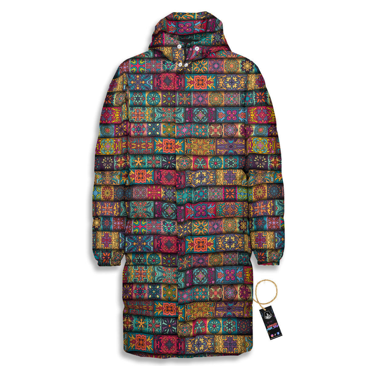 Mandala Bohemian Rectangle Print Pattern Long Down Jacket-grizzshop