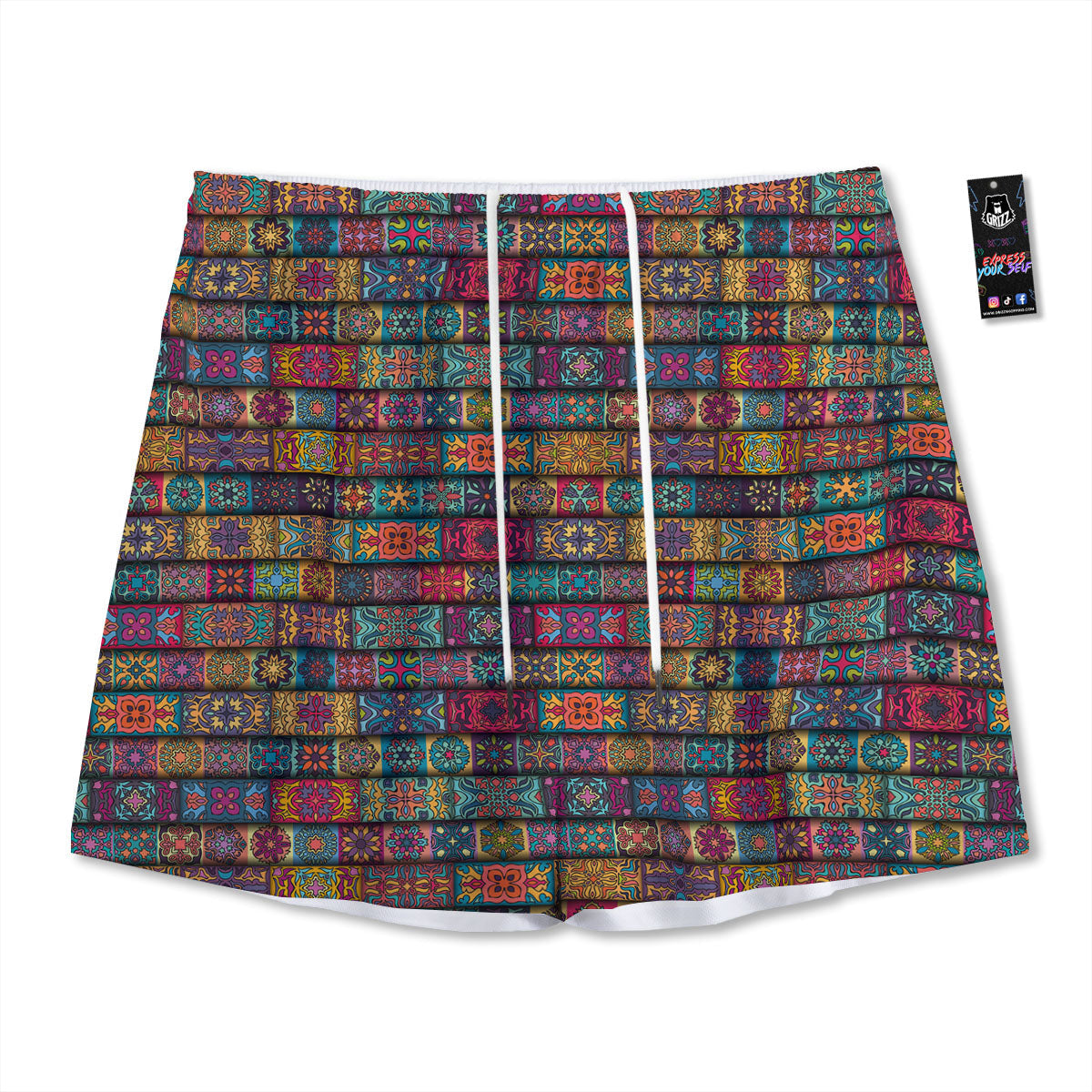 Mandala Bohemian Rectangle Print Pattern Mesh Shorts