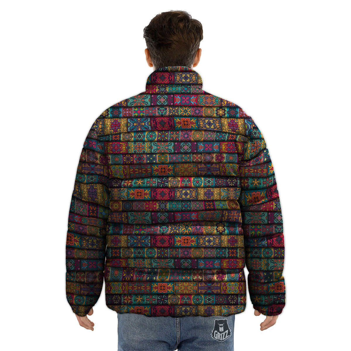 Mandala Bohemian Rectangle Print Pattern Puffer Jacket-grizzshop